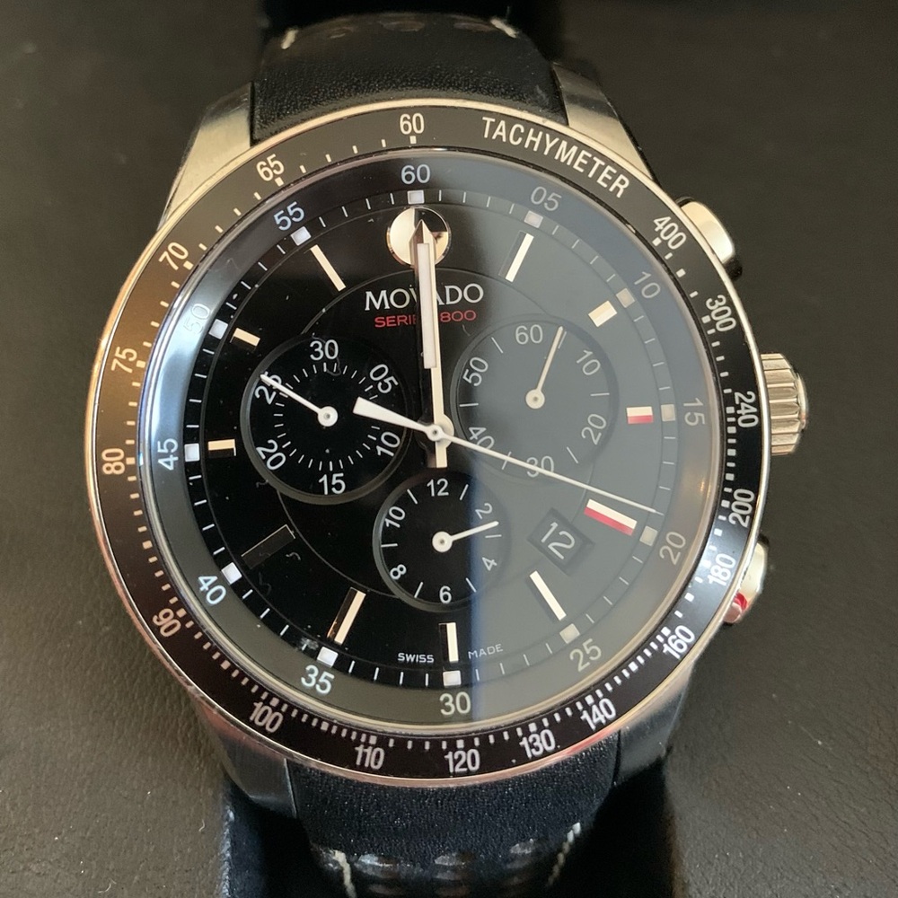 Movado Black and Silver 800 Chronograph Watch Black Dial (Model:2600096) BNWB